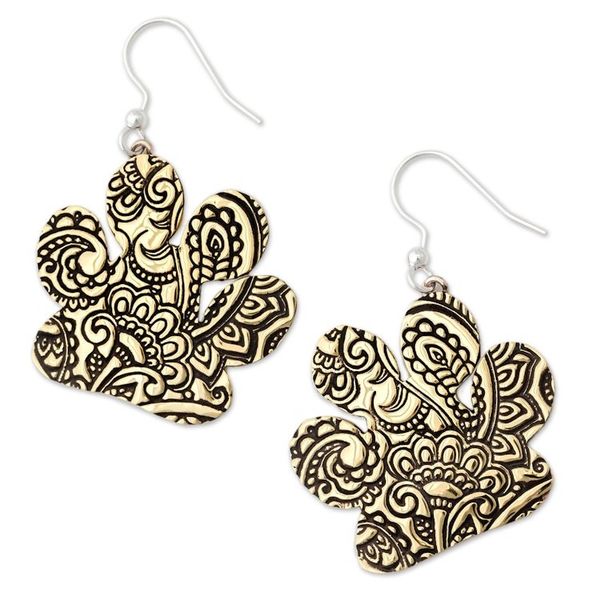Alternate image for Brass Paw Dangle Earrings with Embossed Paisley Motifs Noble Paisley Paws