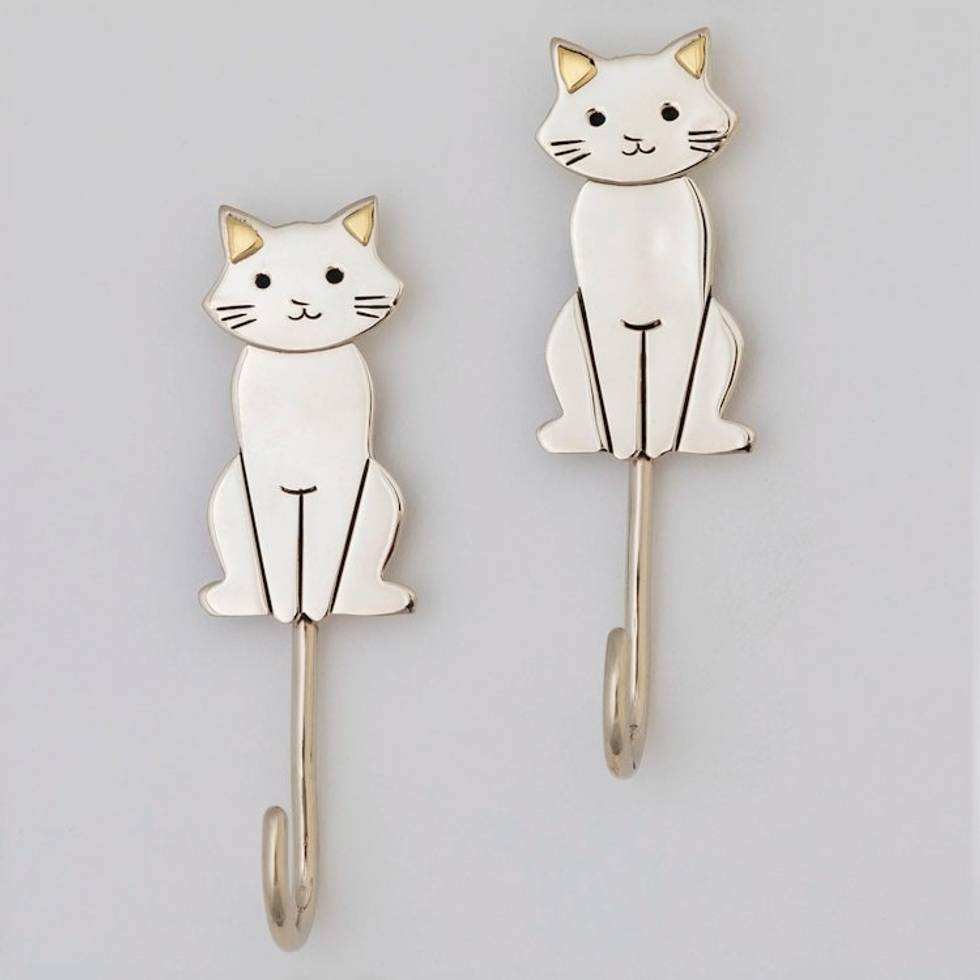 Set of 2 Metal Cat Wall Hooks from Mexico 'Cute Cats'
