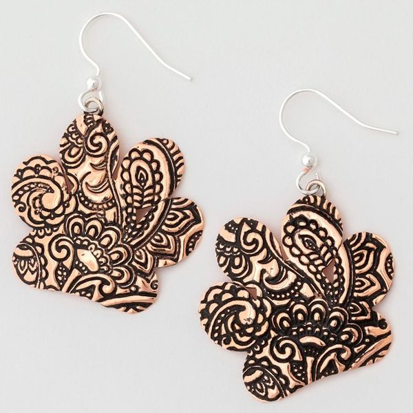 Alternate image for Copper Paw Dangle Earrings with Embossed Paisley Motifs Heroic Paisley Paws