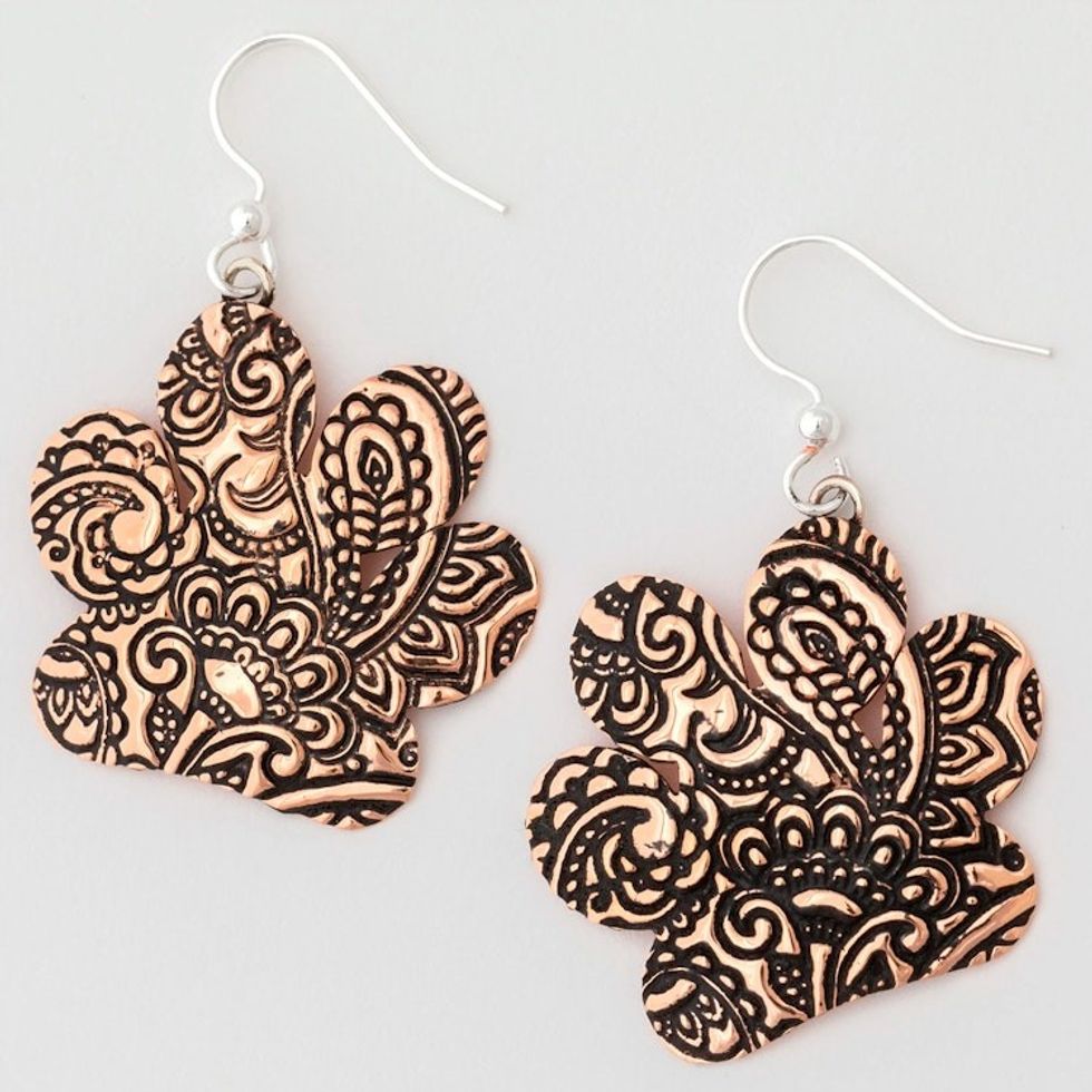 Copper Paw Dangle Earrings with Embossed Paisley Motifs 'Heroic Paisley Paws'