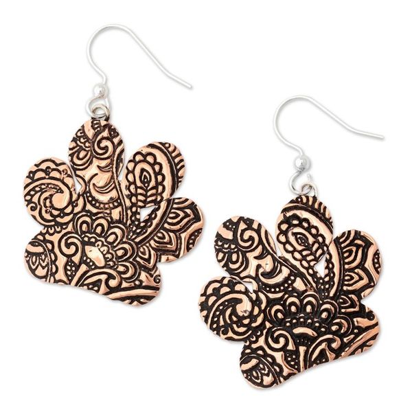 Alternate image for Copper Paw Dangle Earrings with Embossed Paisley Motifs Heroic Paisley Paws