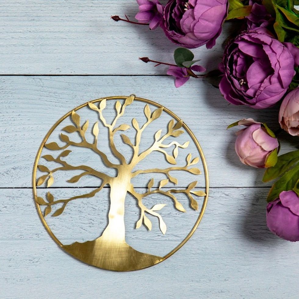 High-Polished Nature-Themed Round Brass Wall Art 'Noble Tree of Life'