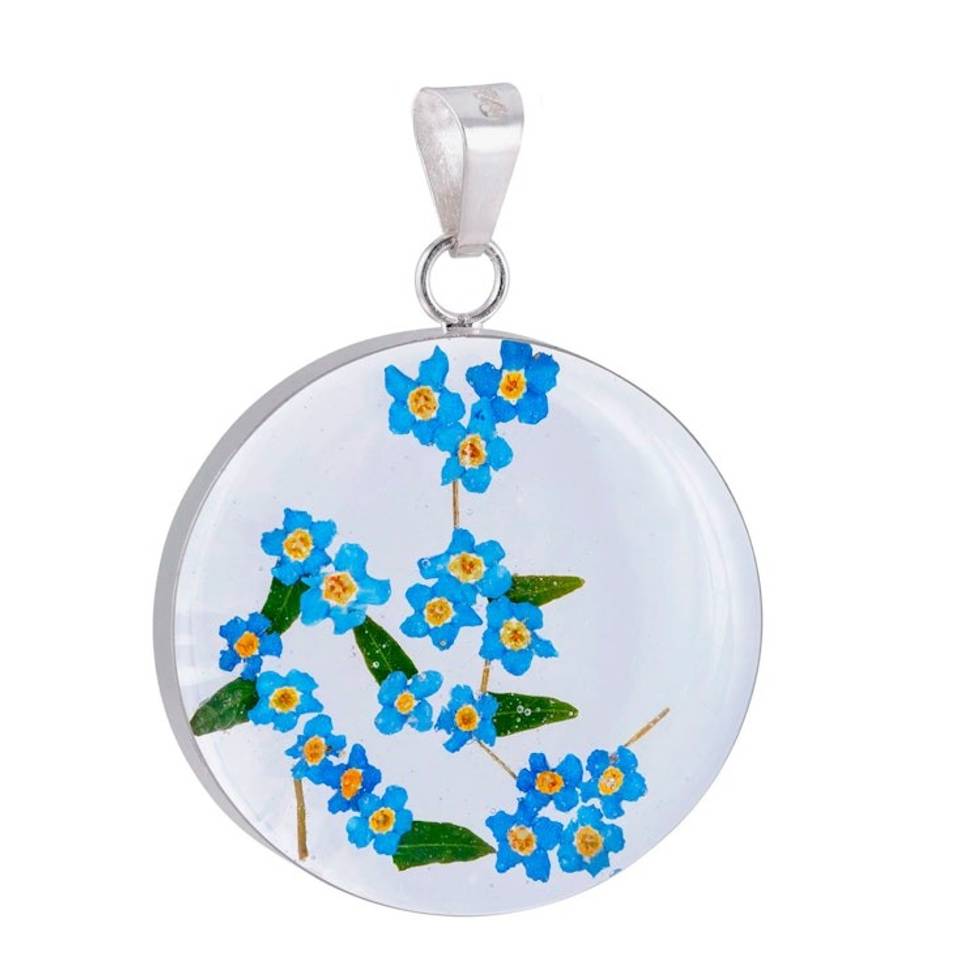 Real Forget-Me-Not Flower Sterling Silver Resin Pendant 'Forget-Me-Not Flair'