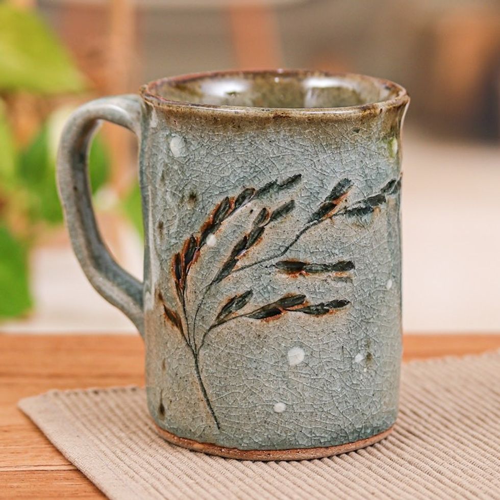 Classic Crackled Nature-Themed Green and Brown Ceramic Mug 'Windy Days'