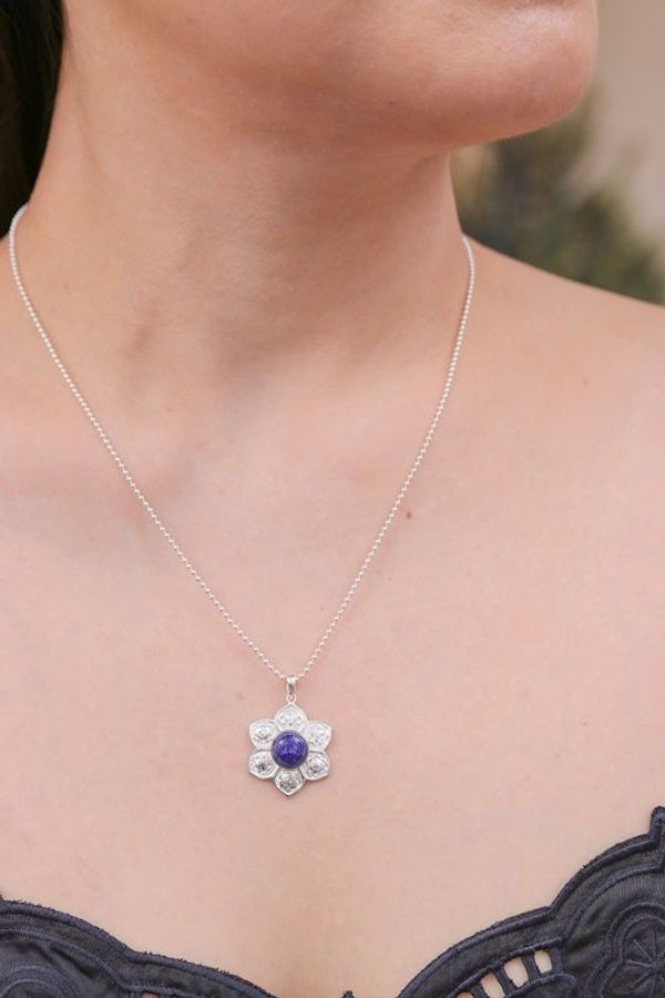 Alternate image for Lapis Lazuli and Sterling Silver Floral Necklace Chakra Regal Spirit