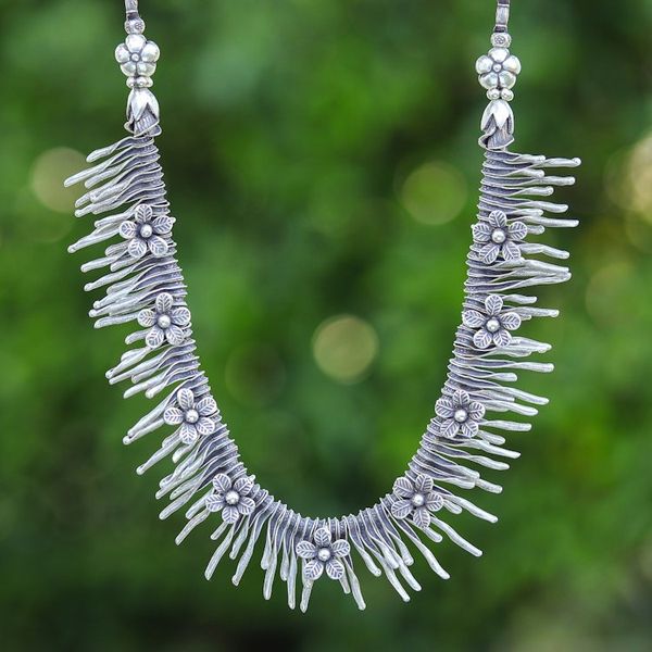 Alternate image for Spring-Themed Oxidized Sterling Silver Waterfall Necklace Blooming Cascade