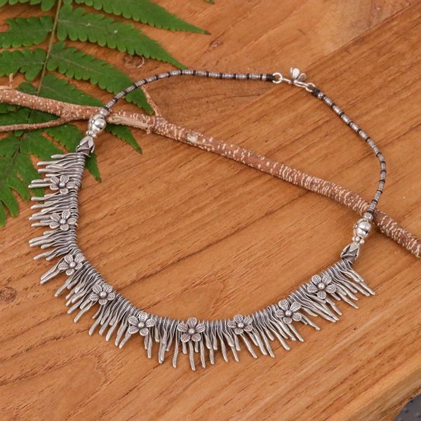 Alternate image for Spring-Themed Oxidized Sterling Silver Waterfall Necklace Blooming Cascade