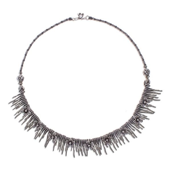 Alternate image for Spring-Themed Oxidized Sterling Silver Waterfall Necklace Blooming Cascade