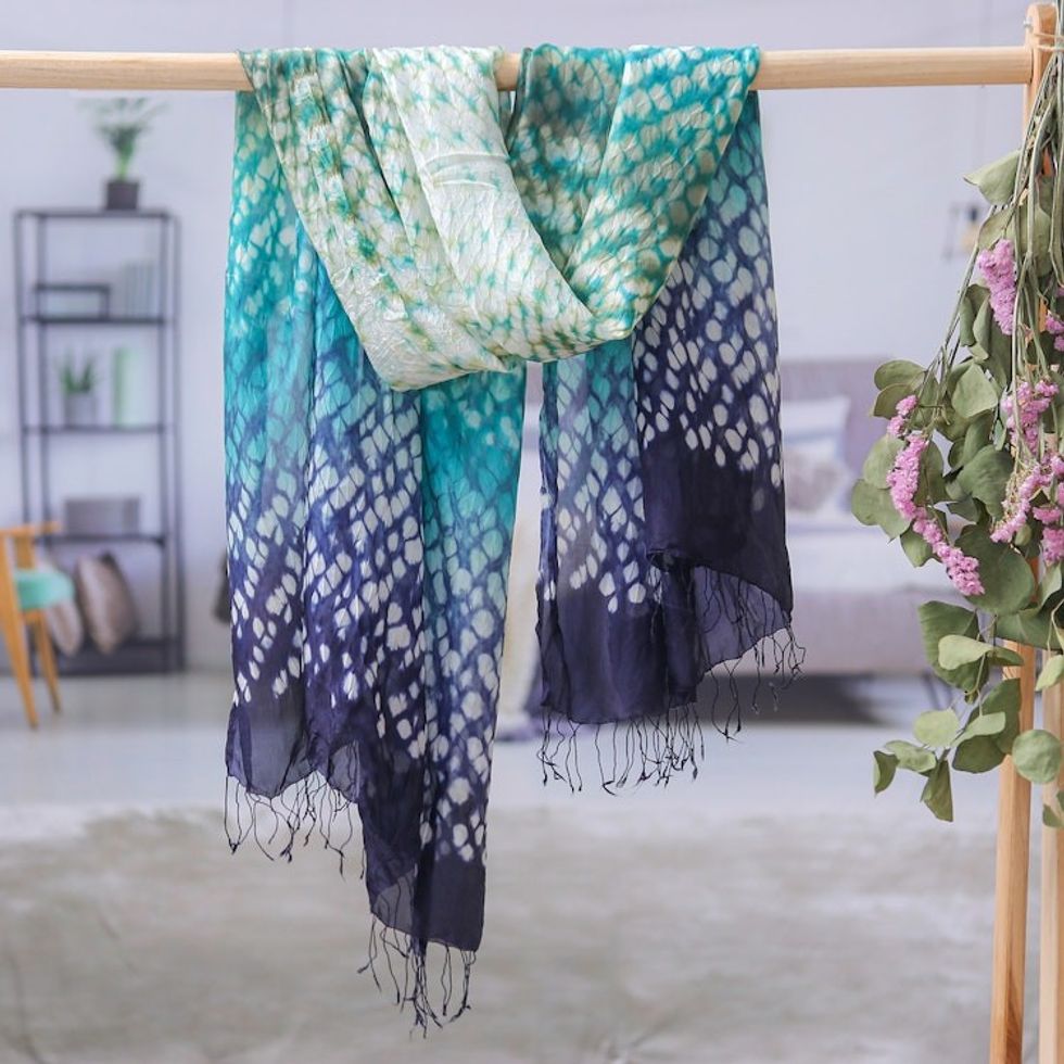 Tie-Dyed Blue Green White Batik Rayon and Silk Blend Scarf 'Stylish Fusion'