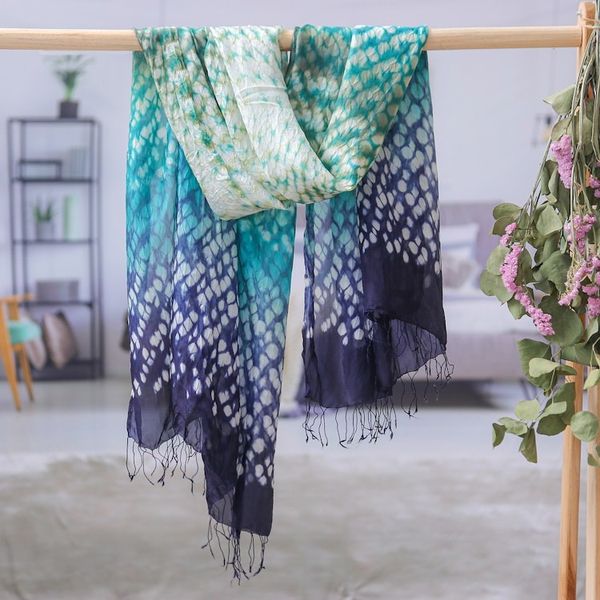 Alternate image for Tie-Dyed Blue Green White Batik Rayon and Silk Blend Scarf Stylish Fusion