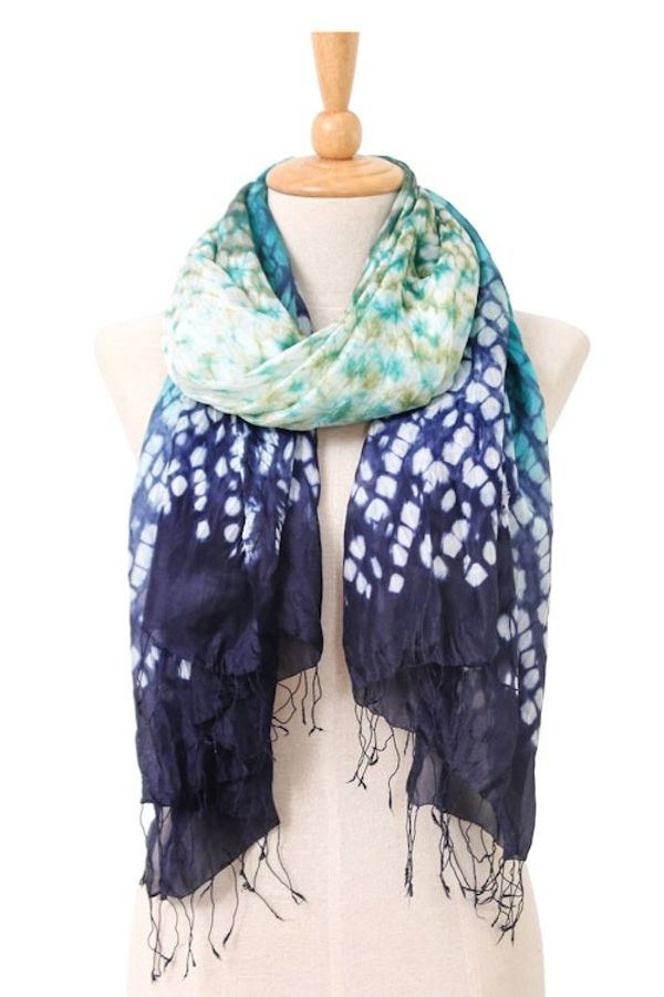 Alternate image for Tie-Dyed Blue Green White Batik Rayon and Silk Blend Scarf Stylish Fusion