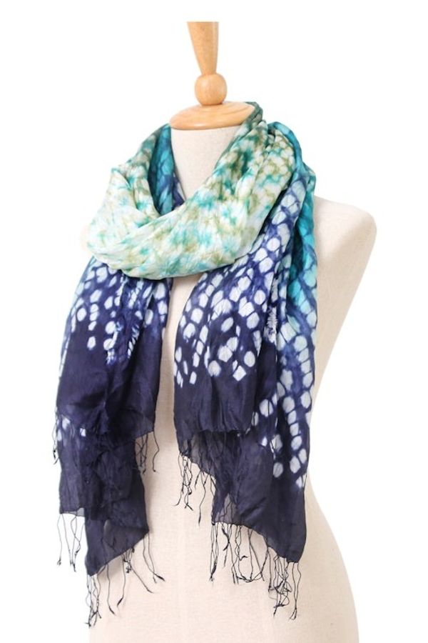 Alternate image for Tie-Dyed Blue Green White Batik Rayon and Silk Blend Scarf Stylish Fusion