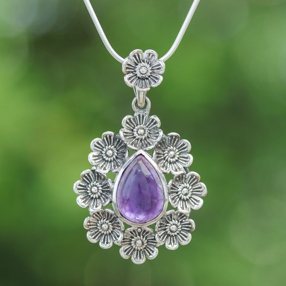 Natural Amethyst Cabochon Pendant Necklace with Floral Motif 'Crowned Beauty in Purple'