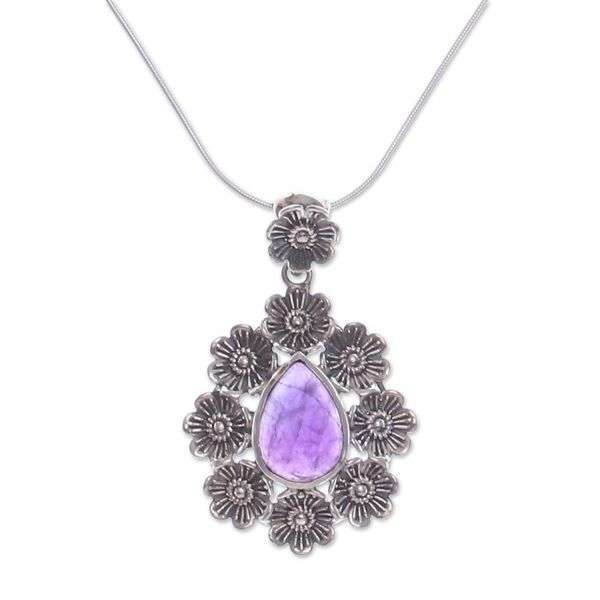 Alternate image for Natural Amethyst Cabochon Pendant Necklace with Floral Motif Crowned Beauty in Purple