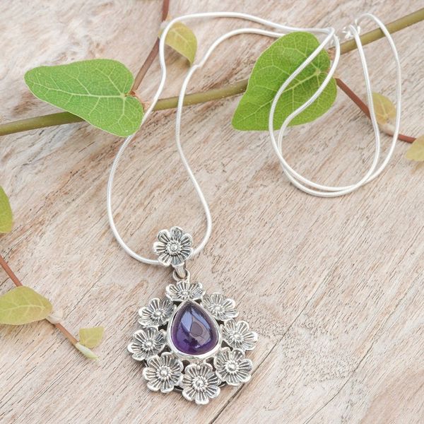 Alternate image for Natural Amethyst Cabochon Pendant Necklace with Floral Motif Crowned Beauty in Purple