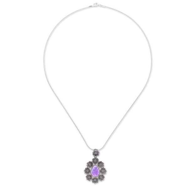 Alternate image for Natural Amethyst Cabochon Pendant Necklace with Floral Motif Crowned Beauty in Purple