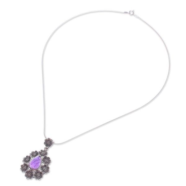 Alternate image for Natural Amethyst Cabochon Pendant Necklace with Floral Motif Crowned Beauty in Purple