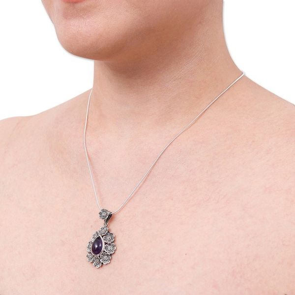 Alternate image for Natural Amethyst Cabochon Pendant Necklace with Floral Motif Crowned Beauty in Purple