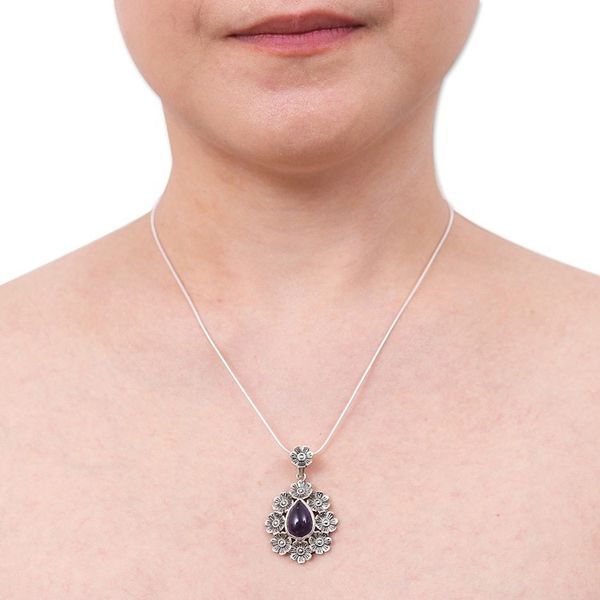 Alternate image for Natural Amethyst Cabochon Pendant Necklace with Floral Motif Crowned Beauty in Purple