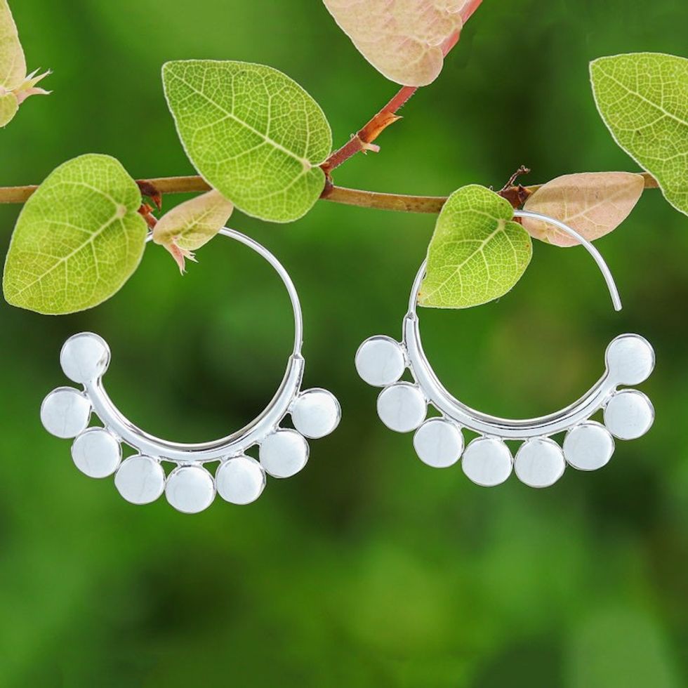 Polished Abstract-Themed Sterling Silver Half-Hoop Earrings 'Paradisial Dots'