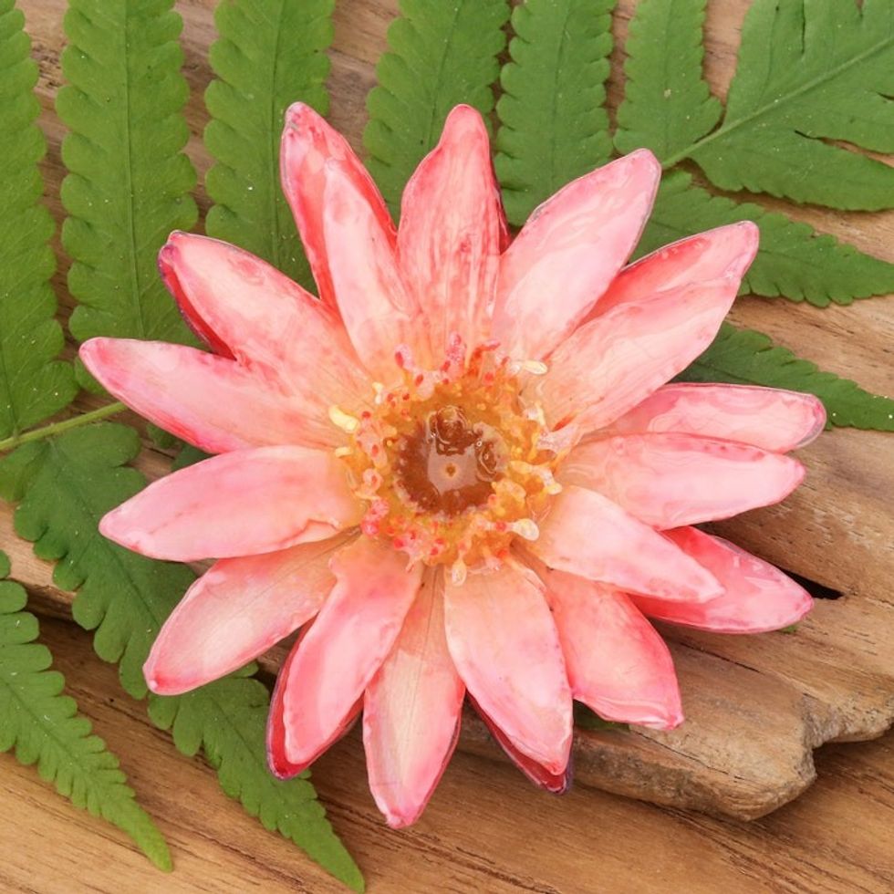 Thai Resin-Coated Natural Red Water Lily Flower Brooch Pin 'Chic Red Water Lily'