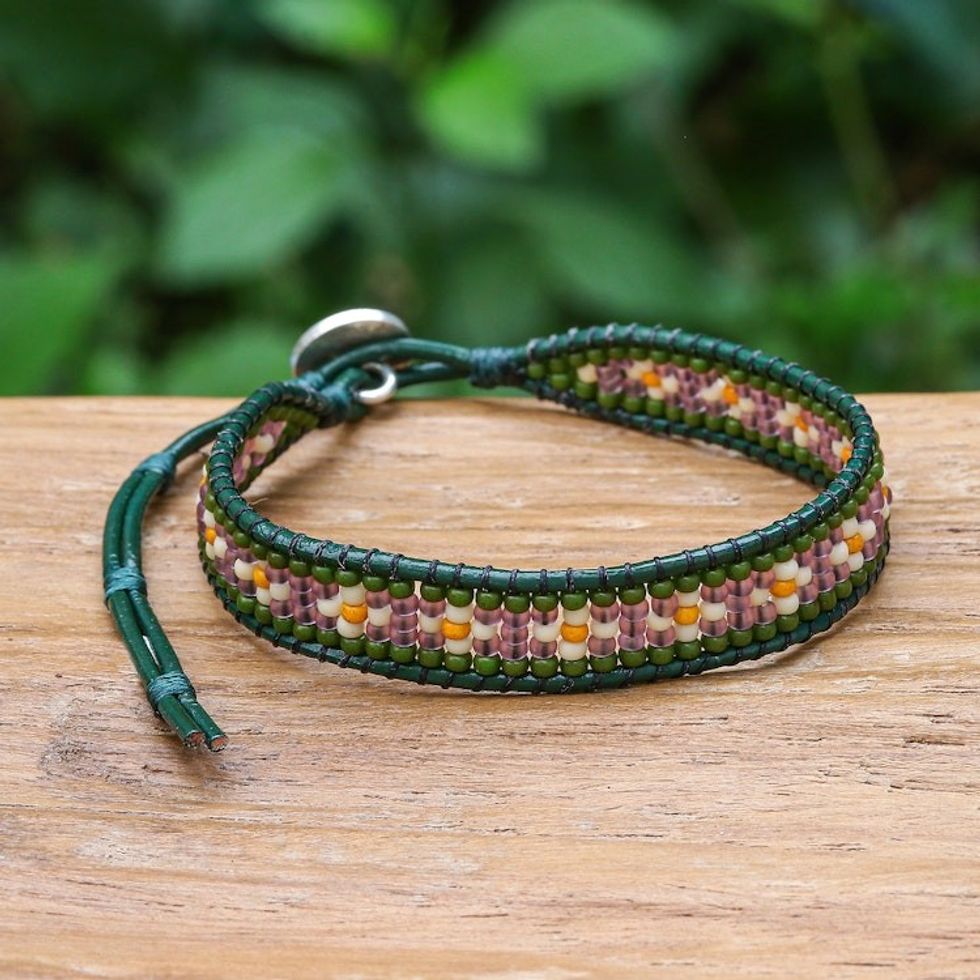 Green and Purple Glass Bead and Leather Wristband Bracelet 'Peace at the Forest'