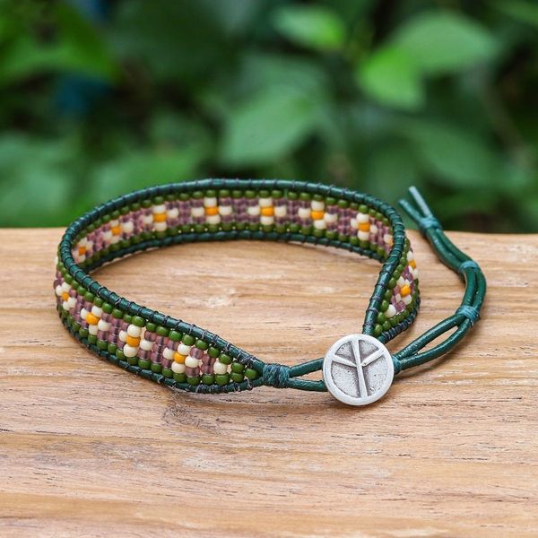 Alternate image for Green and Purple Glass Bead and Leather Wristband Bracelet Peace at the Forest