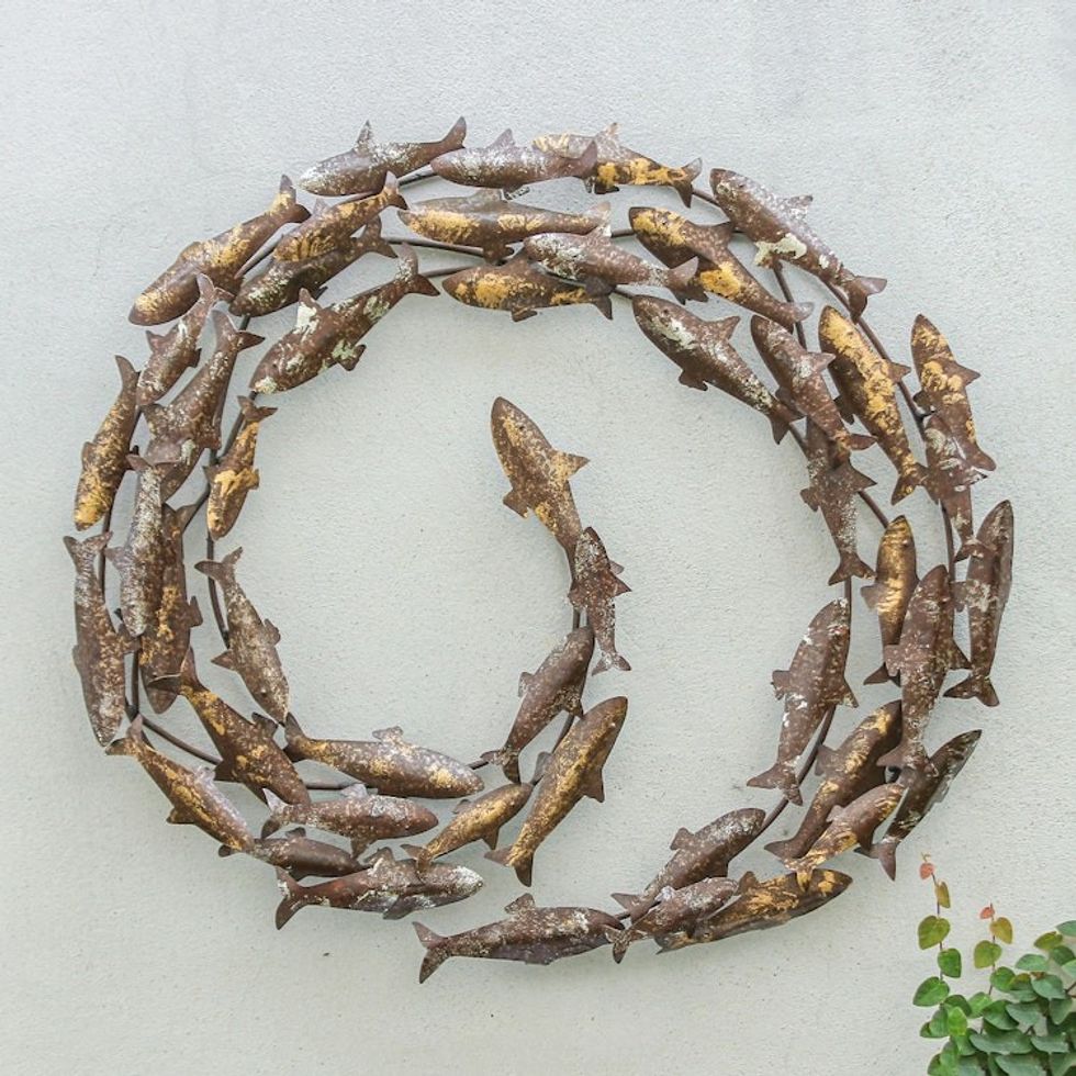Whirlpool-Shaped Golden and Silver Koi Fish Steel Wall Art 'Hypnotic Lake'