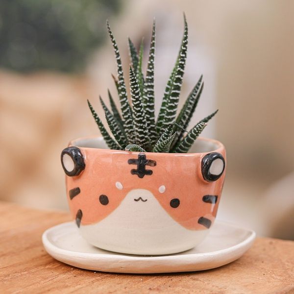 Alternate image for Fair Trade Tiger-Themed Mini Flower Pot and Saucer Small Tiger Spring