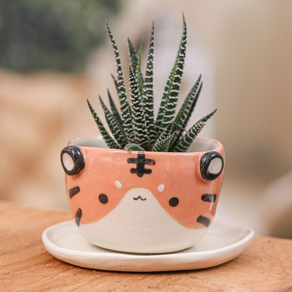 Fair Trade Tiger-Themed Mini Flower Pot and Saucer Small 'Tiger Spring'