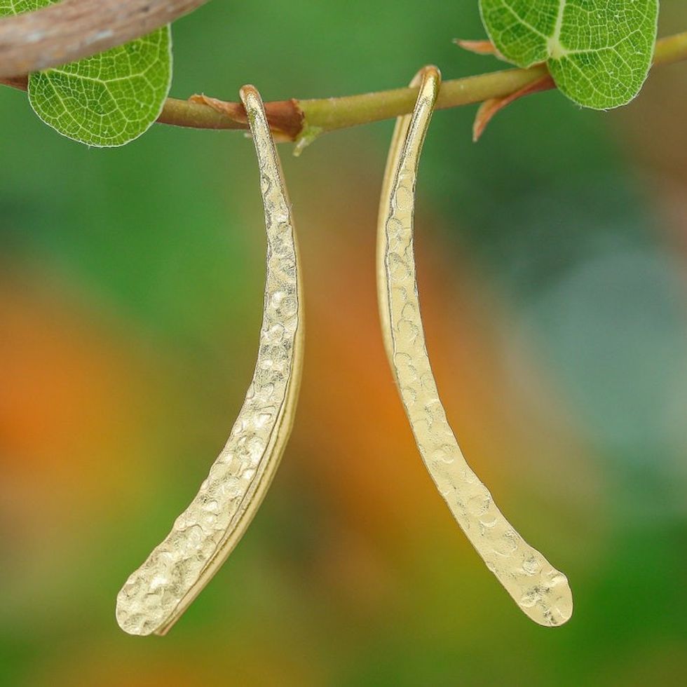 Modern Hammered 18k Gold-Plated Drop Earrings from Thailand 'Bright Hammered Line'