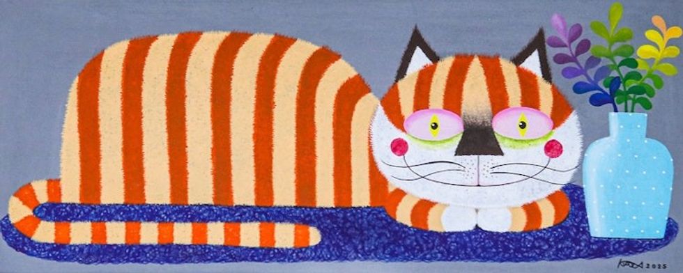 Fair Trade Whimsical Naif Acrylic Painting of a Striped Cat 'Mackerel Cat'