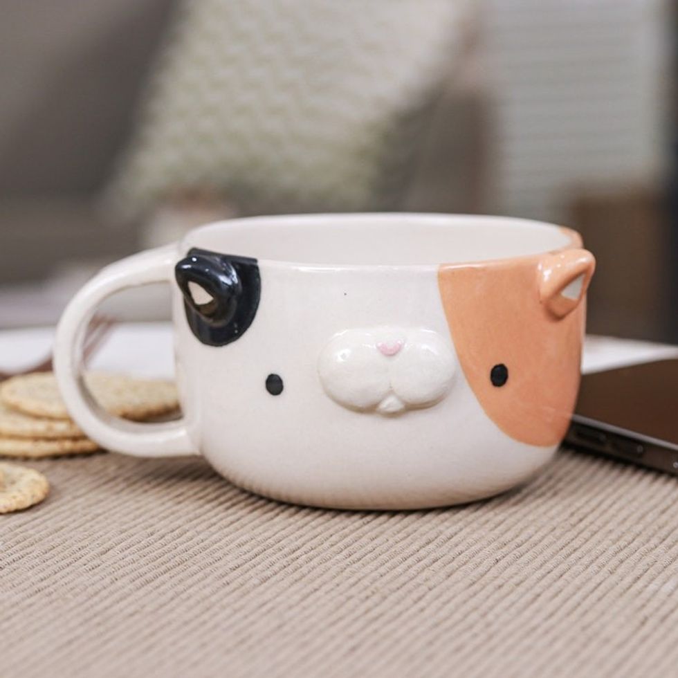 Whimsical 6 oz Ceramic Calico Cat Cup with a Glossy Finish 'Calico Elixir'