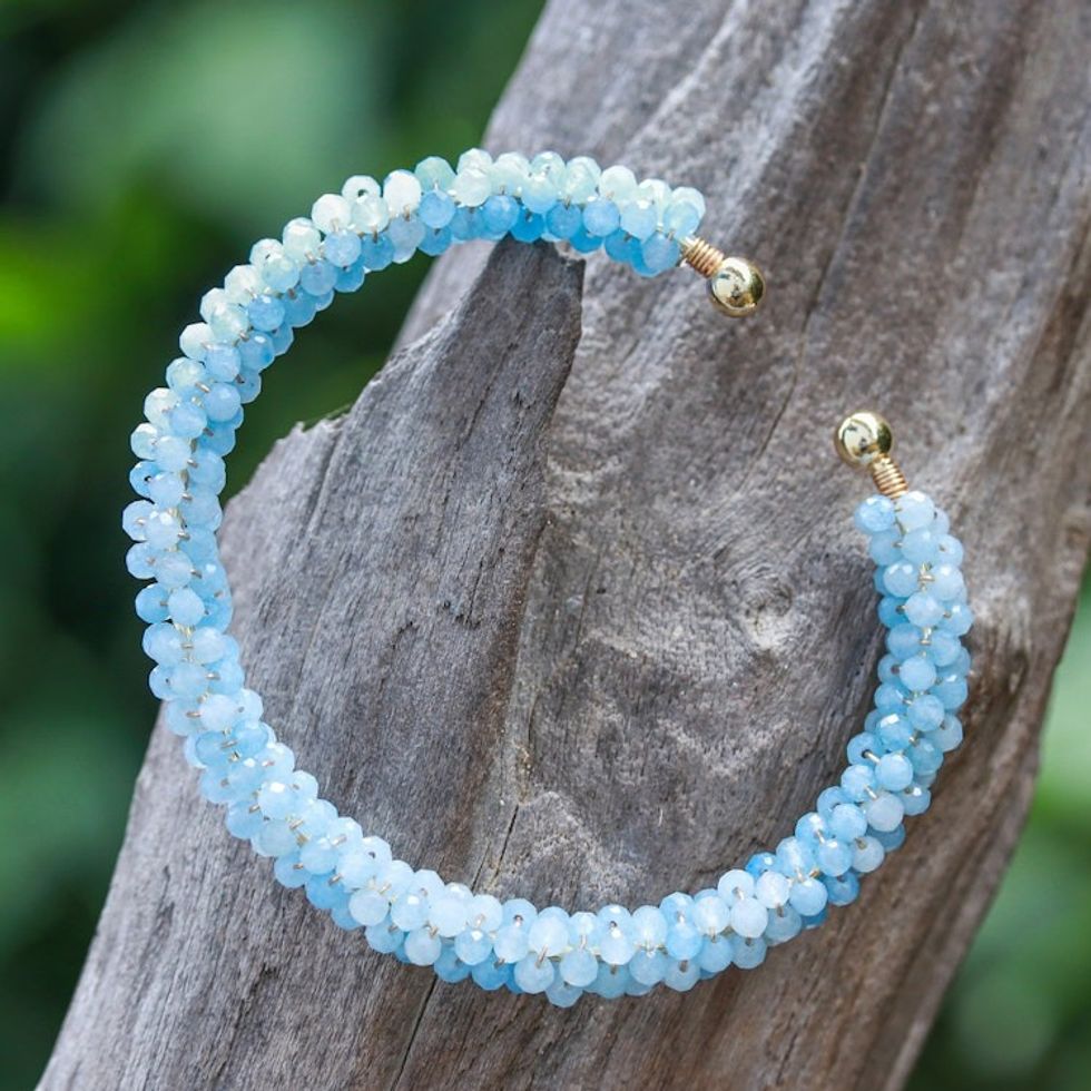 Blue Quartz Brass and Copper Wire Beaded Cuff Bracelet 'Elysian Beauty'