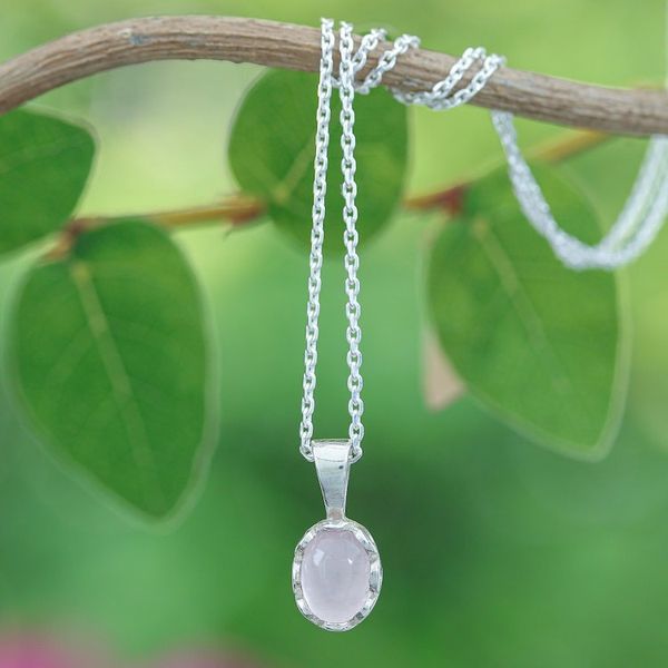 Alternate image for Polished Floral Rose Quartz Cabochon Pendant Necklace Compassionate Light