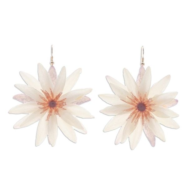 Alternate image for Gold-Accented Dangle Earrings with Resin-Coated Water Lilies Chic Ivory Water Lily