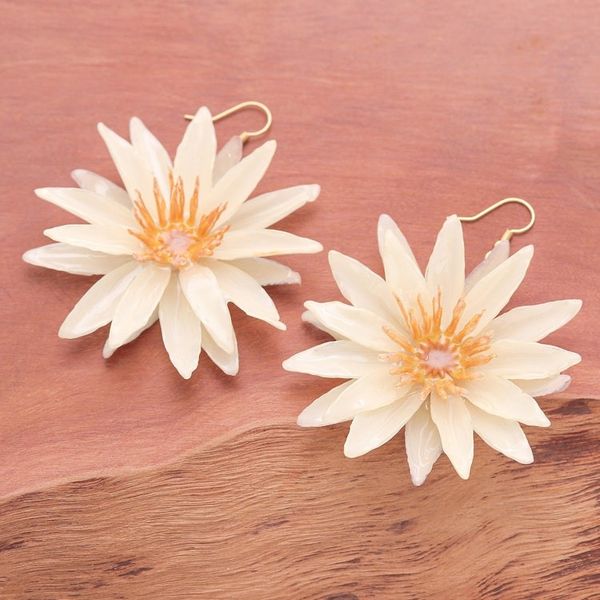 Alternate image for Gold-Accented Dangle Earrings with Resin-Coated Water Lilies Chic Ivory Water Lily