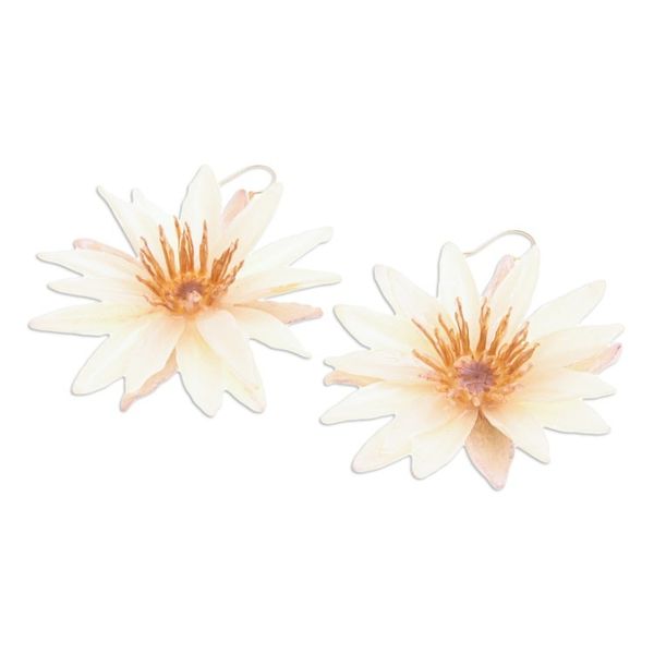 Alternate image for Gold-Accented Dangle Earrings with Resin-Coated Water Lilies Chic Ivory Water Lily