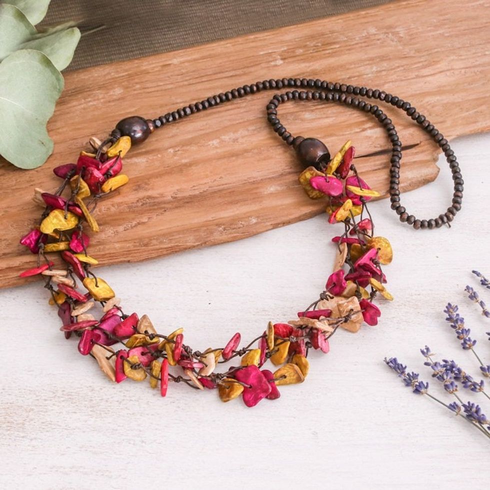 Hand-Painted Fuchsia and Yellow Beaded Three-Strand Necklace 'Fragments of Sweetness'