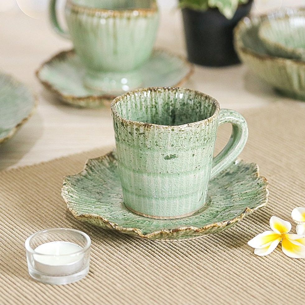 Lotus-Inspired Speckled Green Celadon Ceramic Cup and Saucer 'Lotus Table'