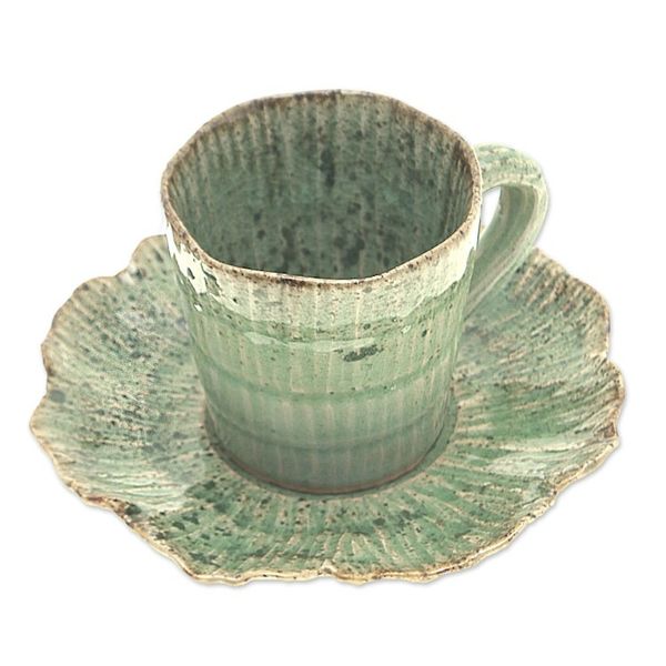 Alternate image for Lotus-Inspired Speckled Green Celadon Ceramic Cup and Saucer Lotus Table