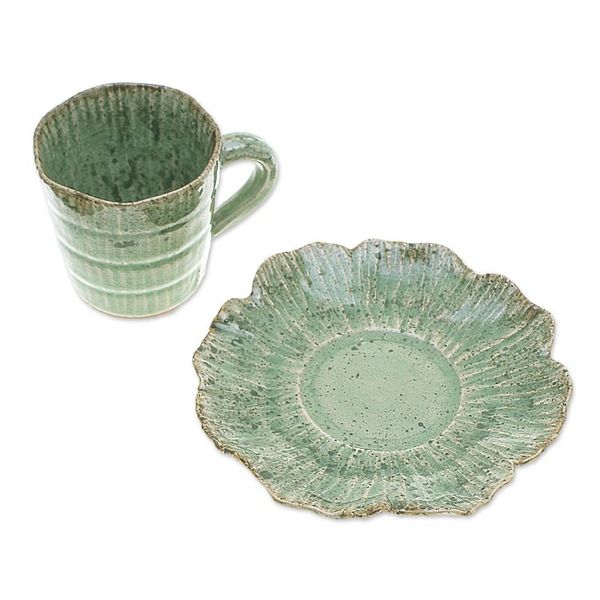 Alternate image for Lotus-Inspired Speckled Green Celadon Ceramic Cup and Saucer Lotus Table