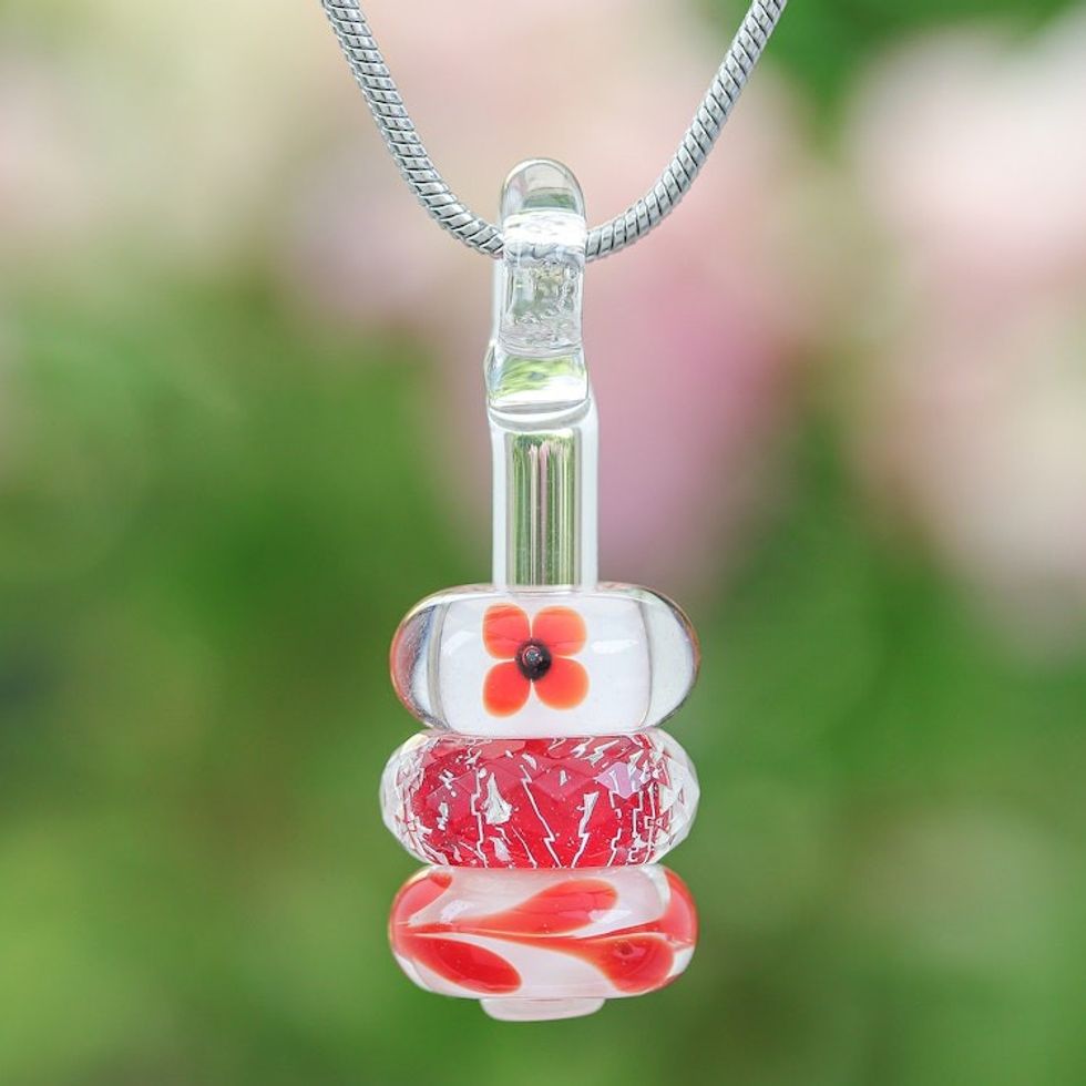 Floral Red and Orange Glass Beaded Pendant Necklace 'Courageous Amulets'