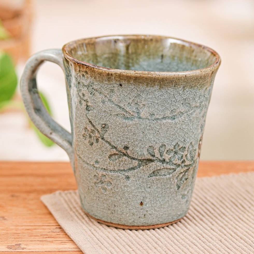 Antique Crackled-Finished Floral Leaf Celadon Ceramic Mug 'Charming Bloom'