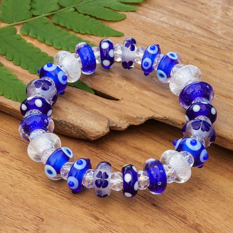 Blue White Clear Art Glass Crystal Beaded Stretch Bracelet 'Oceanic Spell'