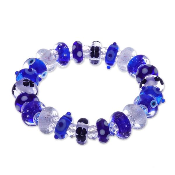 Alternate image for Blue White Clear Art Glass Crystal Beaded Stretch Bracelet Oceanic Spell