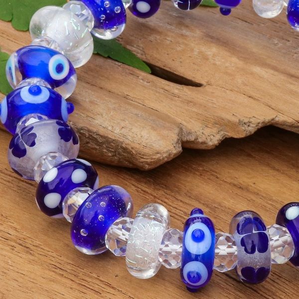 Alternate image for Blue White Clear Art Glass Crystal Beaded Stretch Bracelet Oceanic Spell
