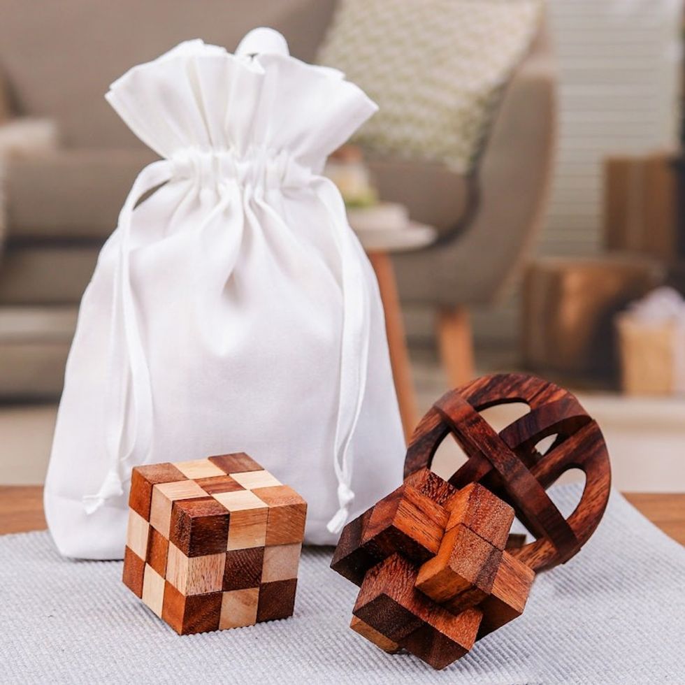 Set of Three Wood Puzzles with Cotton Pouch from Thailand 'Time to Play'