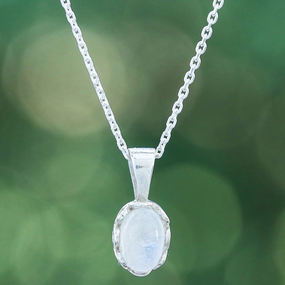 Polished Floral Natural Rainbow Moonstone Pendant Necklace 'Harmonious Light'