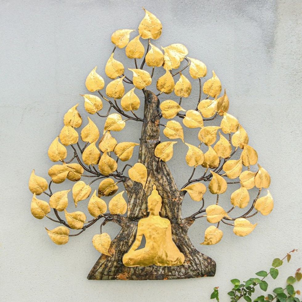 Handmade Gold Foil and Steel Wall Art of Buddha and Tree 'Buddha's Forest'
